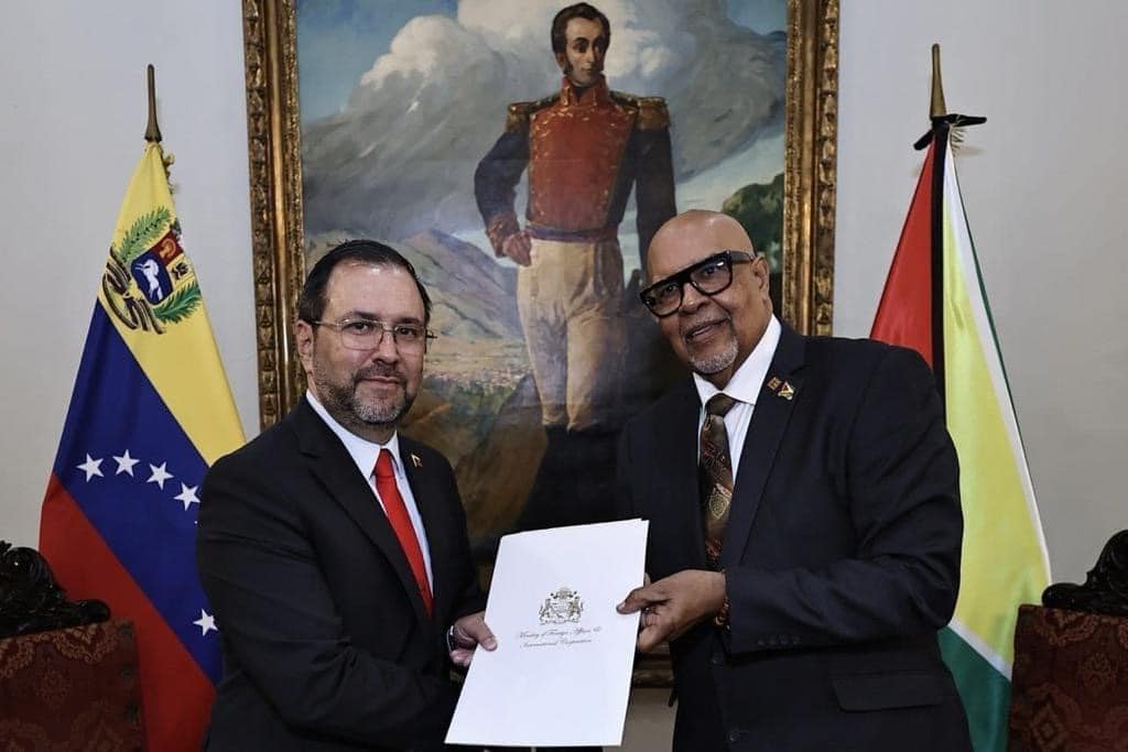 Ambassador of the Co-operative Republic of Guyana to the Bolivarian Republic of Venezuela, His Excellency Dr. Richard Van West-Charles (right) presented his Letters of Credence to His Excellency Yvan Gil, minister for People’s Power for Foreign Affairs of the Bolivarian Republic of Venezuela, on Feb. 2. (Courtesy photo)