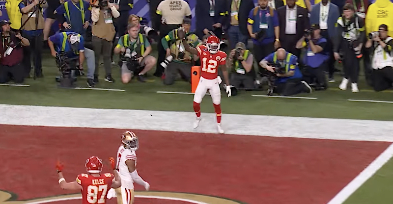 Kansas City Chiefs wide receiver Mecole Hardman Jr. celebrates after catching the game-winning touchdown pass from Patrick Mahomes in the Chiefs' 25-22 overtime win against the San Francisco 49ers in Super Bowl 58 in Las Vegas on Feb. 11, 2024.