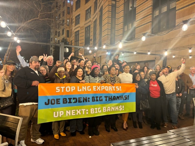 Roishetta Ozane, founder of The Vessel Project, and leaders from the Gulf Coast thank President Biden for the pause on new LNG exports and challenge big banks during a celebration in D.C. on Jan. 31. (Asha Taylor/The Washington Informer)