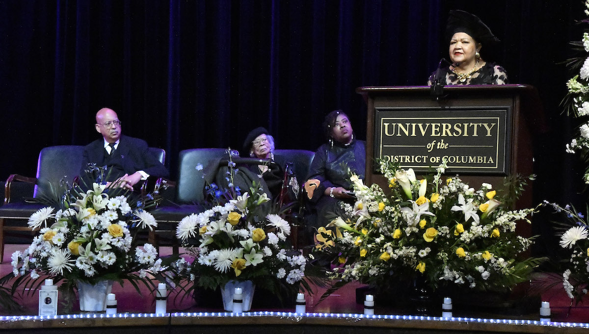 From left: Rev. Dr. Jonathan L. Weaver, Margaret Mensah-Williams, Dr. Cassandra Gould of Faith Leadership Strategies listen to the reading of the obituary by Margaret Mensah-Williams, Ambassador at the Embassy of the Republic of Namibia to the U.S. (Robert R. Roberts/The Washington Informer)
