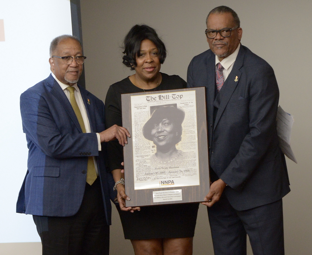 During Black Press Week the National Newspaper Publishers Association (NNPA) enshrined Zora Neale Hurston in the Gallery of Distinguished Publishers for her work as a publisher for Howard University’s newspaper The Hilltop. NNPA President and CEO Dr. Benjamin F. Chavis, NNPA Fund Chair Karen Carter Richards and NNPA Board Chair Bobby Henry. (Roy Lewis/The Washington Informer)