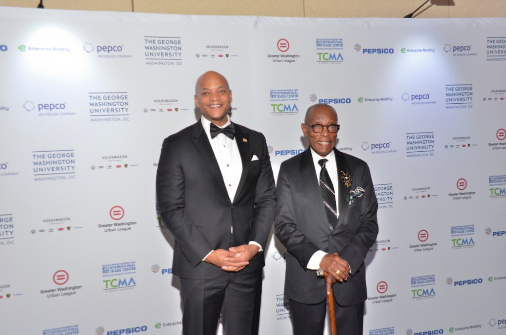 Maryland Gov. Wes Moore and George Lambert Jr. pose for a photo at the 2024 Greater Washington Urban League’s Whitney M. Young Gala. (Jacques Benovil/The Washington Informer)