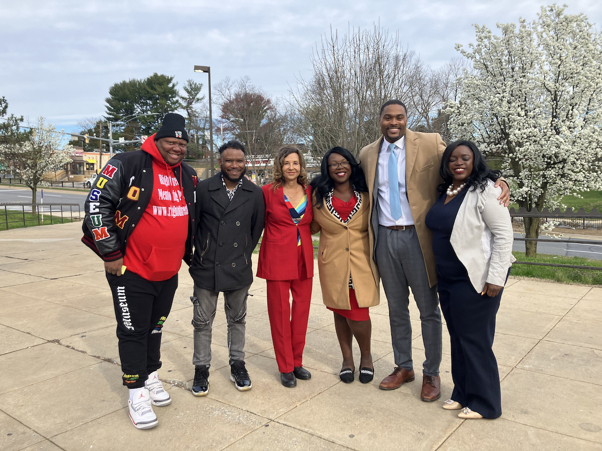 Victor Battle, District Heights Commissioner Anthony Tilghman, Prince George's County Council members Jolene Ivey, Krystal Oriadha, and Wala Blegay and Prince George’s County School Board Member Branndon Jackson at a press conference to recruit more volunteers for the Safe Passage Project, a plan to reduce traffic incidents near schools (Courtesy of Safe Passage Project)