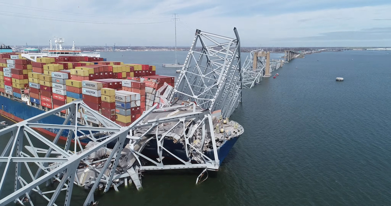 NTSB drone image of Francis Scott Key Bridge and Cargo Ship Dali (NTSB via Wikimedia Commons)