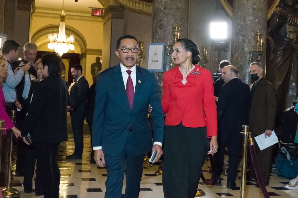 Maryland Democratic Rep. Kweisi Mfume enters the U.S. Capitol for the State of the Union address with his wife, Dr. Tiffany Mfume. (Shedrick Pelt/The Washington Informer)