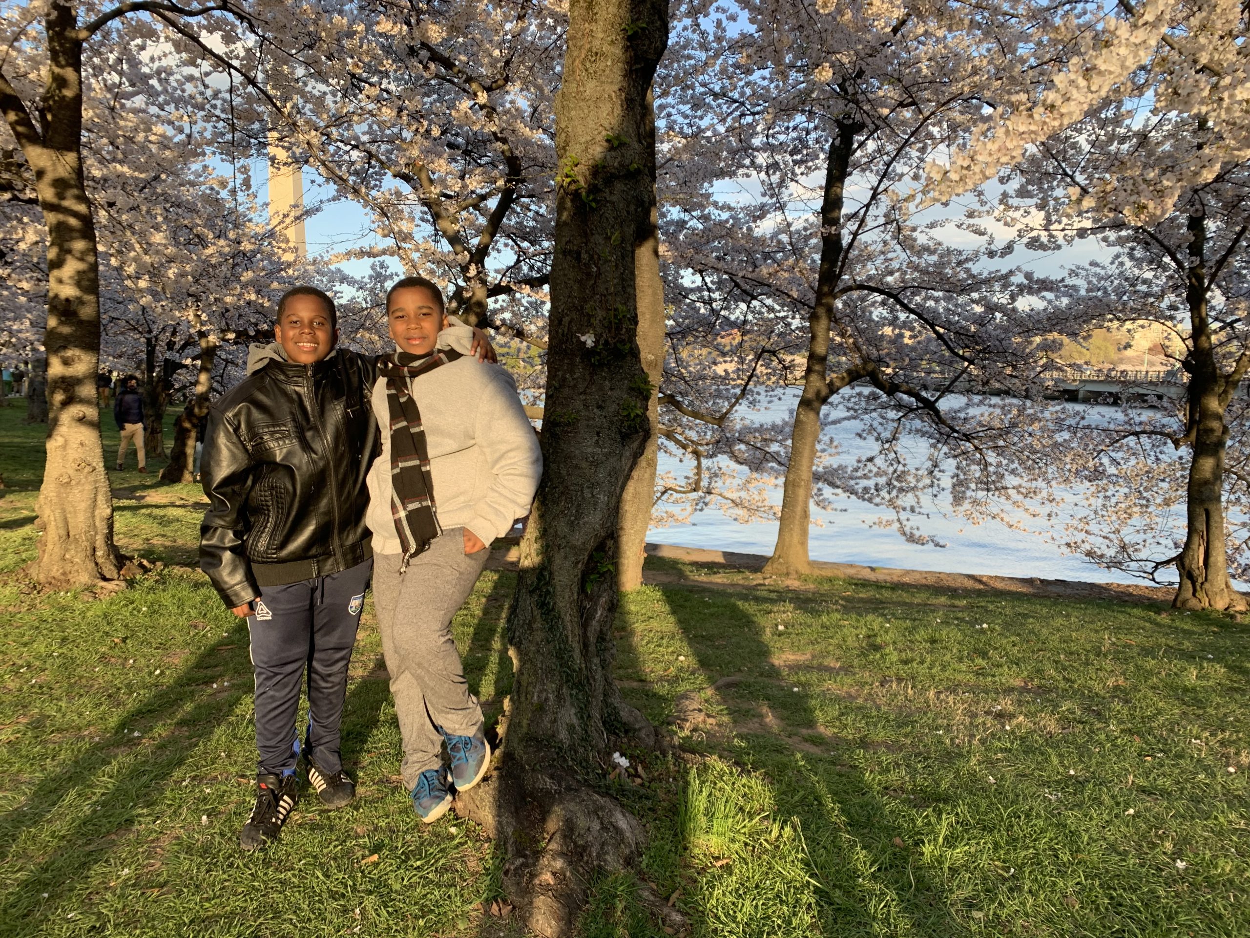 Brothers from Florida check out the cherry blossoms with their parents, who booked the D.C. family vacation after a planned class trip was canceled. “I’m lucky that we came in the spring… I really loved to see all of this,” Dory Pardieu, 10, said. (Kayla Benjamin/The Washington Informer)