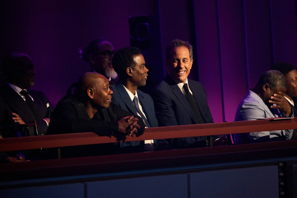 From left: Legendary performers Dave Chappelle, Chris Rock, and Jerry Seinfeld attend the Kennedy Center for the celebration honoring Kevin Hart, the 25th recipient of the Mark Twain Prize for American Humor, on March 24. (Courtesy of Scott Suchman)