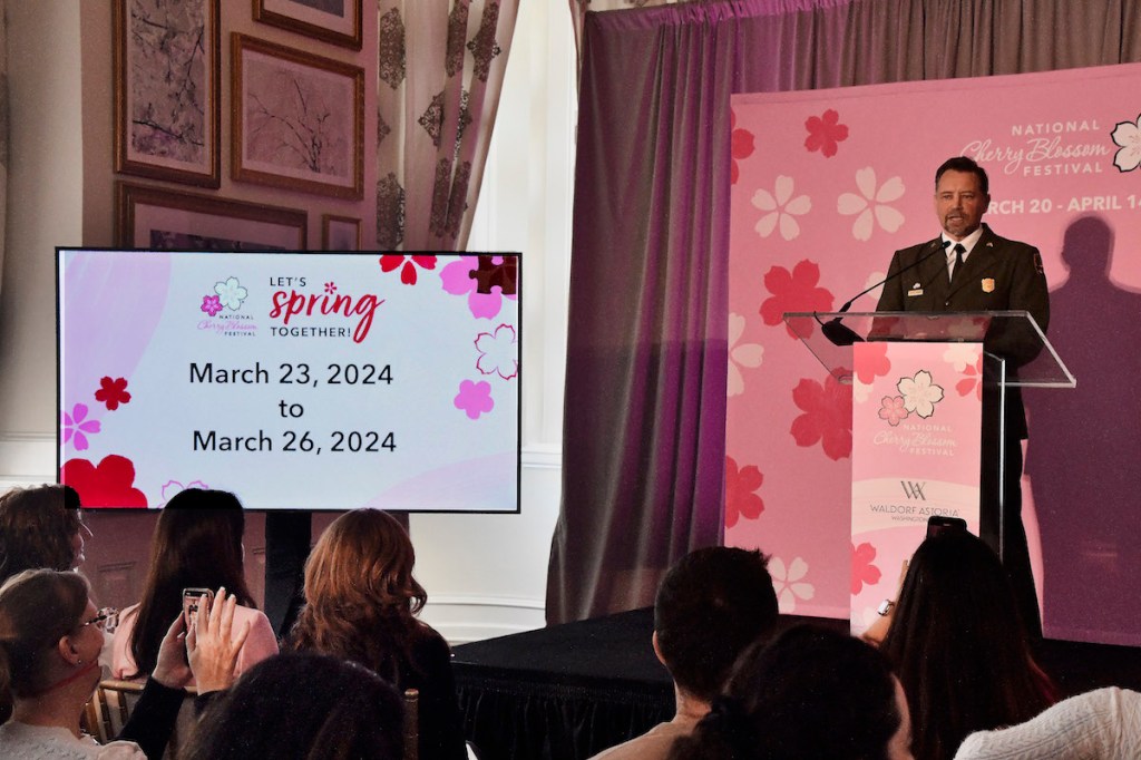 Jeff Reinbold, superintendent of the National Mall and Memorial Parks for the National Park Service, announces the cherry blossom peak bloom prediction for 2024 during a Feb. 29 press conference. (Robert R. Roberts/The Washington Informer)