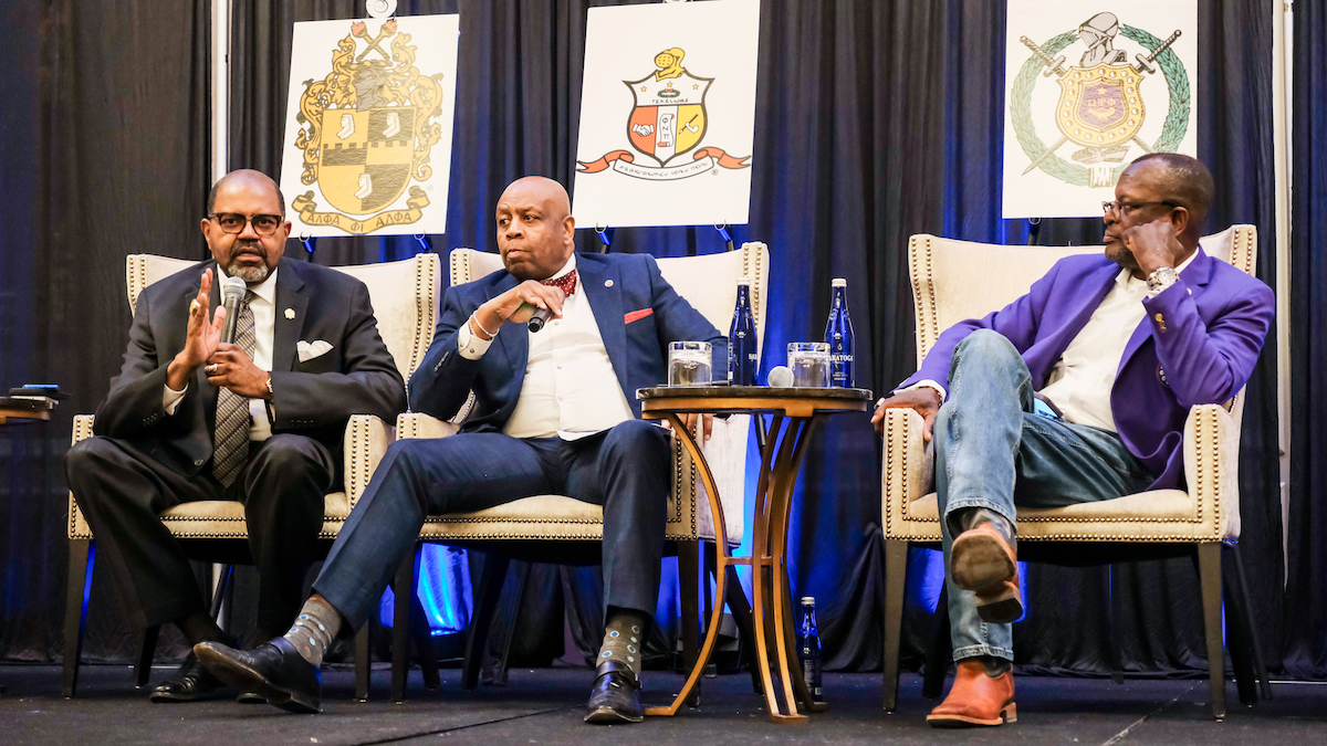 Dr. Willis Lonzer, general president of Alpha Phi Alpha, Richard Mattox, Eastern province polemarch of Kappa Alpha Psi, and Mark E. Jackson, first vice grand basileus of Omega Psi Phi, talk about ways to get more Black men to vote during the National Panhellenic Council Fraternity Days on the Hill convening on March 12. (Ja’Mon Jackson/The Washington Informer)