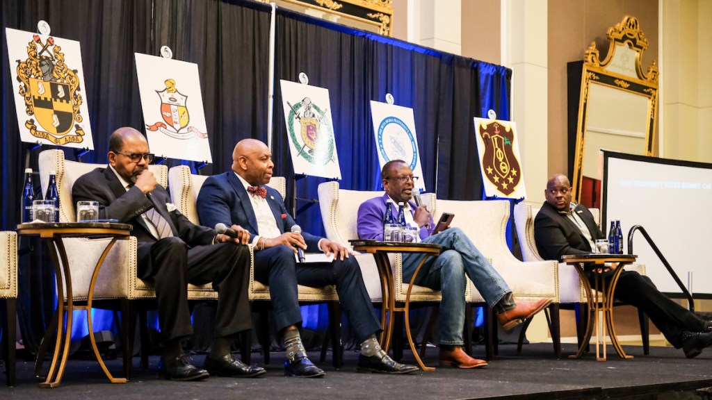 Dr. Willis Lonzer, general president of Alpha Phi Alpha, Richard Mattox, Eastern province polemarch of Kappa Alpha Psi, and Mark E. Jackson, first vice grand basileus of Omega Psi Phi and Dr. Sean D. Housen, Sr. International Grand Polaris. (Ja’Mon Jackson/The Washington Informer)