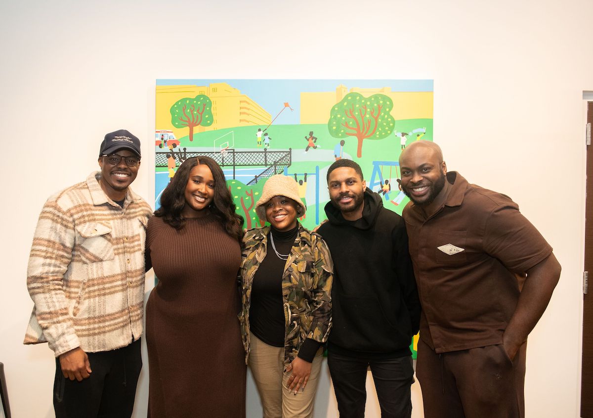 Sunday Bamgo, Uzo Njoku, Deandra Bailey, Keem Hughley and Olubanwo Aruleba pose in front of a vibrant and playful mural on March 9 at Arena Social. (Courtesy of Sunday Bamgbose)