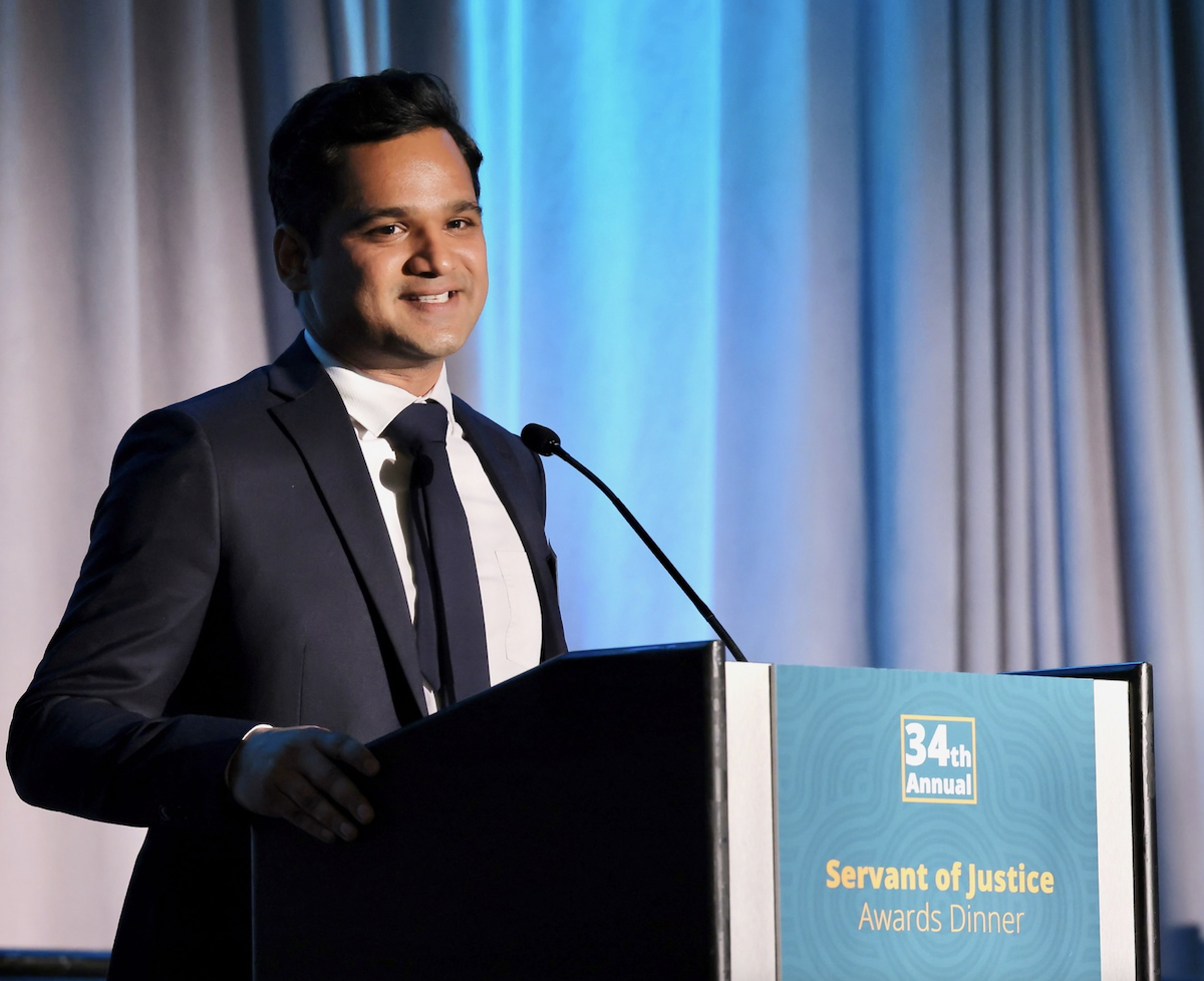 Vikram Swaruup, executive director of Legal Aid DC, at the 34th annual Servant of Justice Award Dinner on April 9 at the JW Marriott hotel in Northwest D.C. (Courtesy of Legal Aid DC via Facebook)
