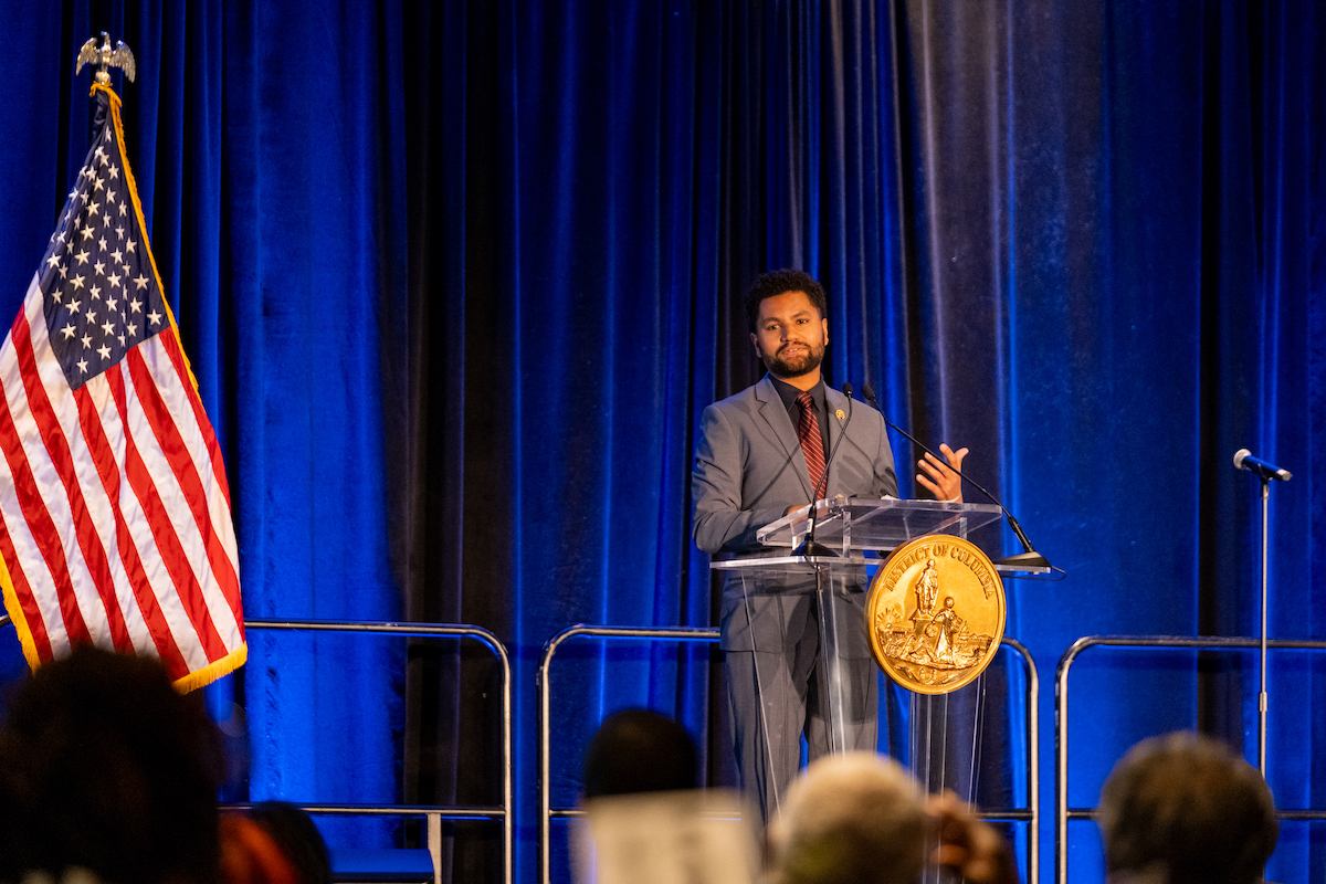U.S. Rep. Maxwell Frost (D-Fla.) delivers the keynote address at the Full Democracy Champions Luncheon on April 15. (Ja'Mon Jackson/The Washington Informer)