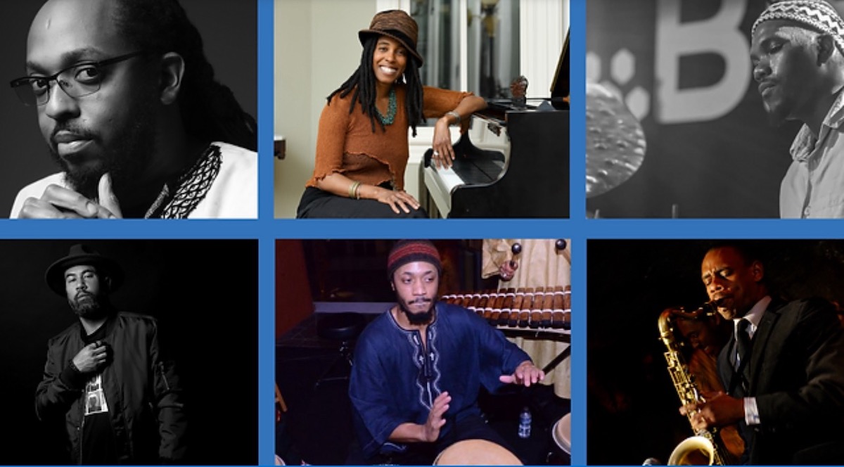 DC Collective, a jazz band of alumni from the Duke Ellington School for the Arts, will perform “Ellington at 125: The DC Collective in Concert” on April 28 at Arena Stage. (Top Row, L-R) Bassist/band leader Corcoran Holt, pianist Janelle Gill, and drummer Kweku Sumbry. (Bottom Row, L-R) Trumpeter Al Strong, percussionist Jabari Exum, and tenor saxophonist Brian Settles. (Courtesy of DC Jazz Collective)