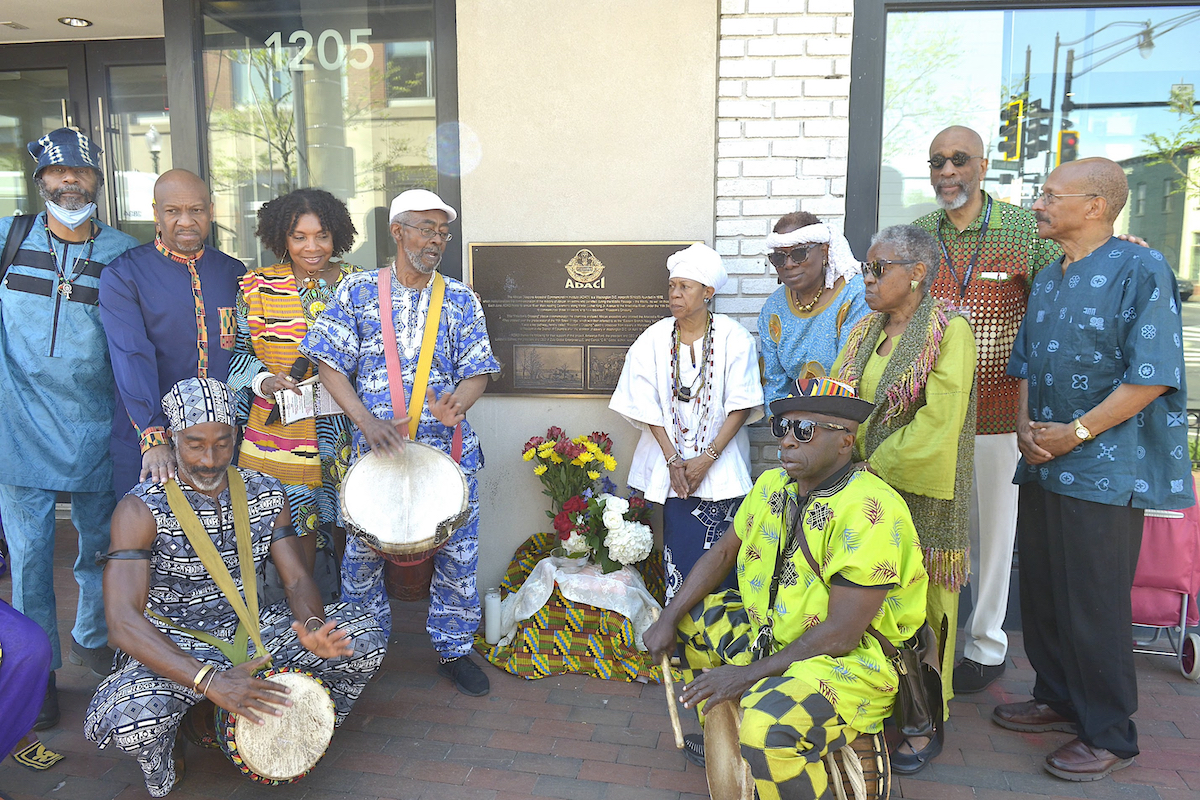 ADACI and its partners participate in the drumming ceremony and program commemorating the "enslaved ancestors" from the South who crossed the Anacostia River to seek freedom in Washington, D.C. Rear from left: Senghor Baye, Antwanye Ford, Eurica Huggins, Sadik Paul Lancaster, Okomfo Afua Kyerewa, Nana Malaya Rucker, Laini Mataka, Lafayette Barnes, C.R. Gibbs; Shango Kwame (left foreground) and Joseph Soh Ngwa (right foreground). (Courtesy of Zama Cook)