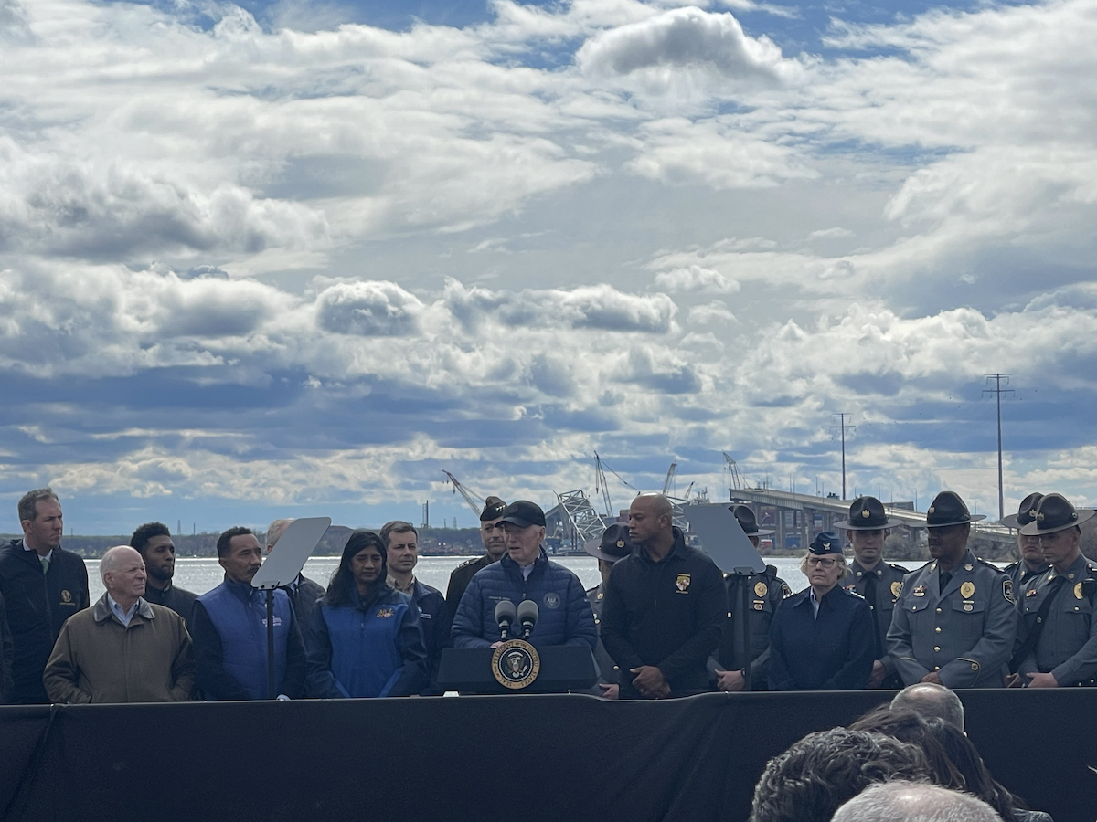 President Joe Biden stands with Maryland leaders commending them for their work to request millions in state financial relief and federal aid to cover up to 90% of the cost to repair Baltimore’s Francis Scott Key Bridge, which collapsed on March 26. (Ashleigh Fields/The Washington Informer)
