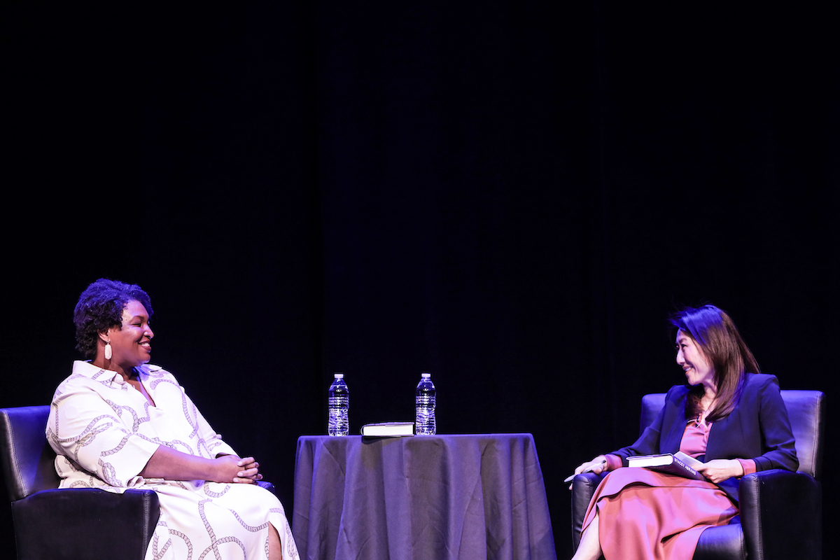 Former Georgia state legislator and gubernatorial candidate Stacey Abrams (left) and NBC Washington anchor Eun Yang discuss the paperback release of "Rogue Justice," a novel by Abrams. (Courtesy of Jati Lindsay)