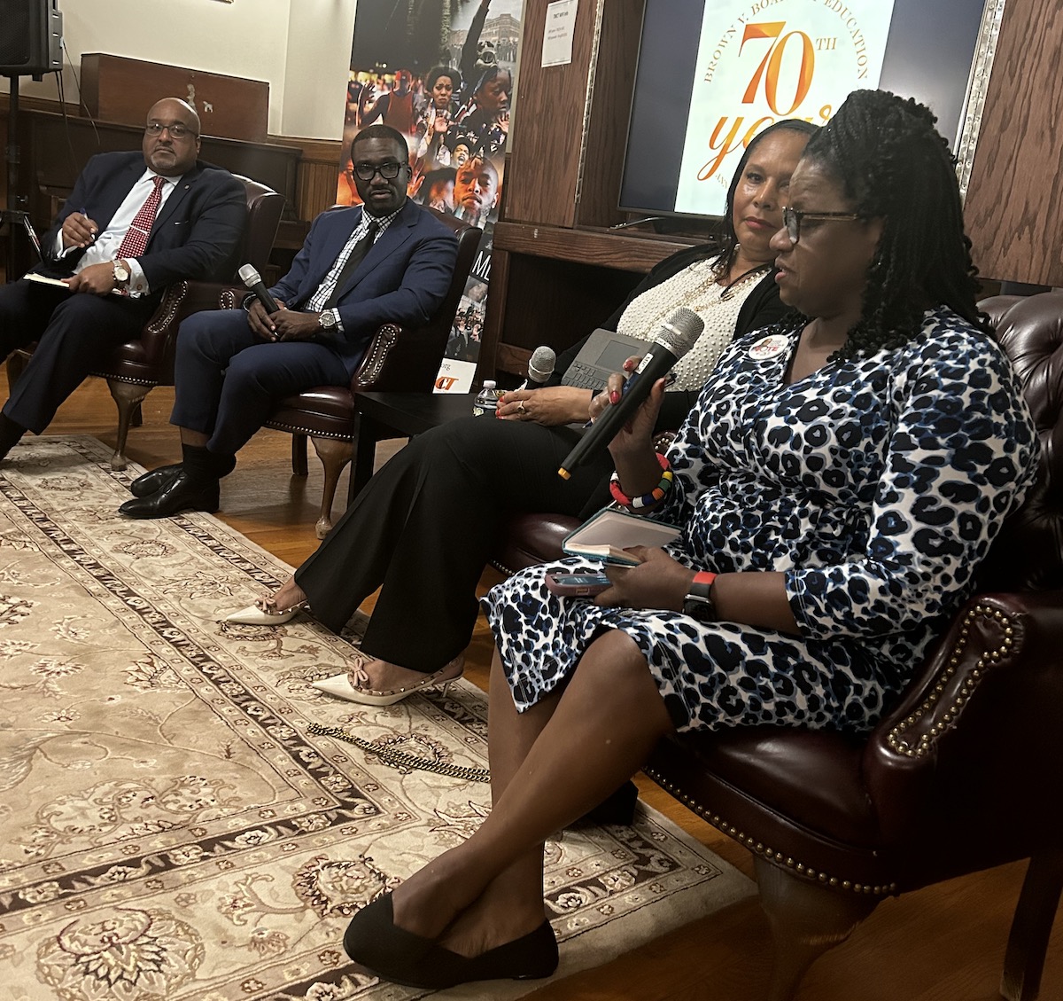 Rawle Andrews, Esq., Dr. Jean Accius, Ph.D., Kim Keenan, Esq. and Barbara Arnwine, Esq. on a panel at the Thurgood Marshall Center for Service and Heritage in Northwest, D.C. on May 9 to commemorate the 70th anniversary of Brown v. Board of Education, and pay tribute to Thurgood Marshall. (D. Kevin McNeir/The Washington Informer)