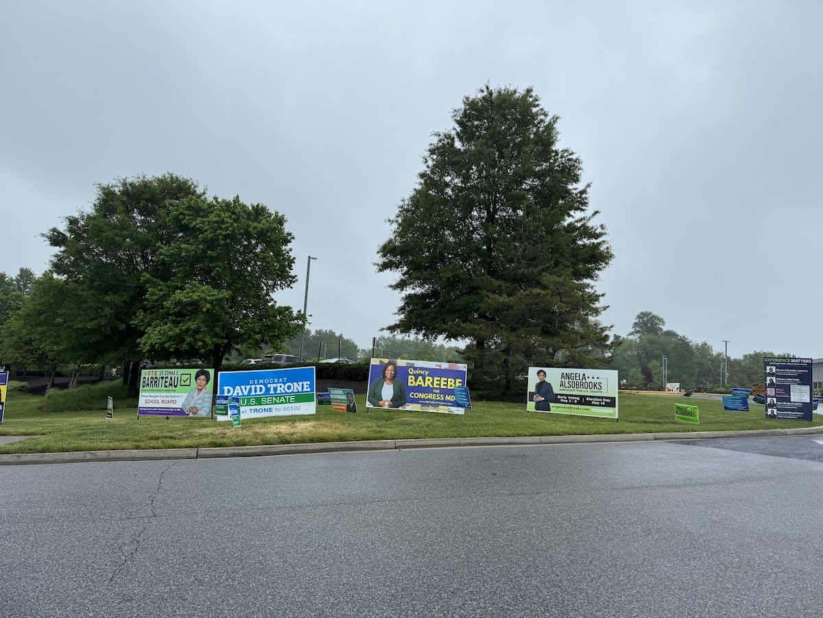 Campaign signs take up the grass areas leading up to the polls as early voting is underway. (Anthony Tilghman/The Washington Informer)