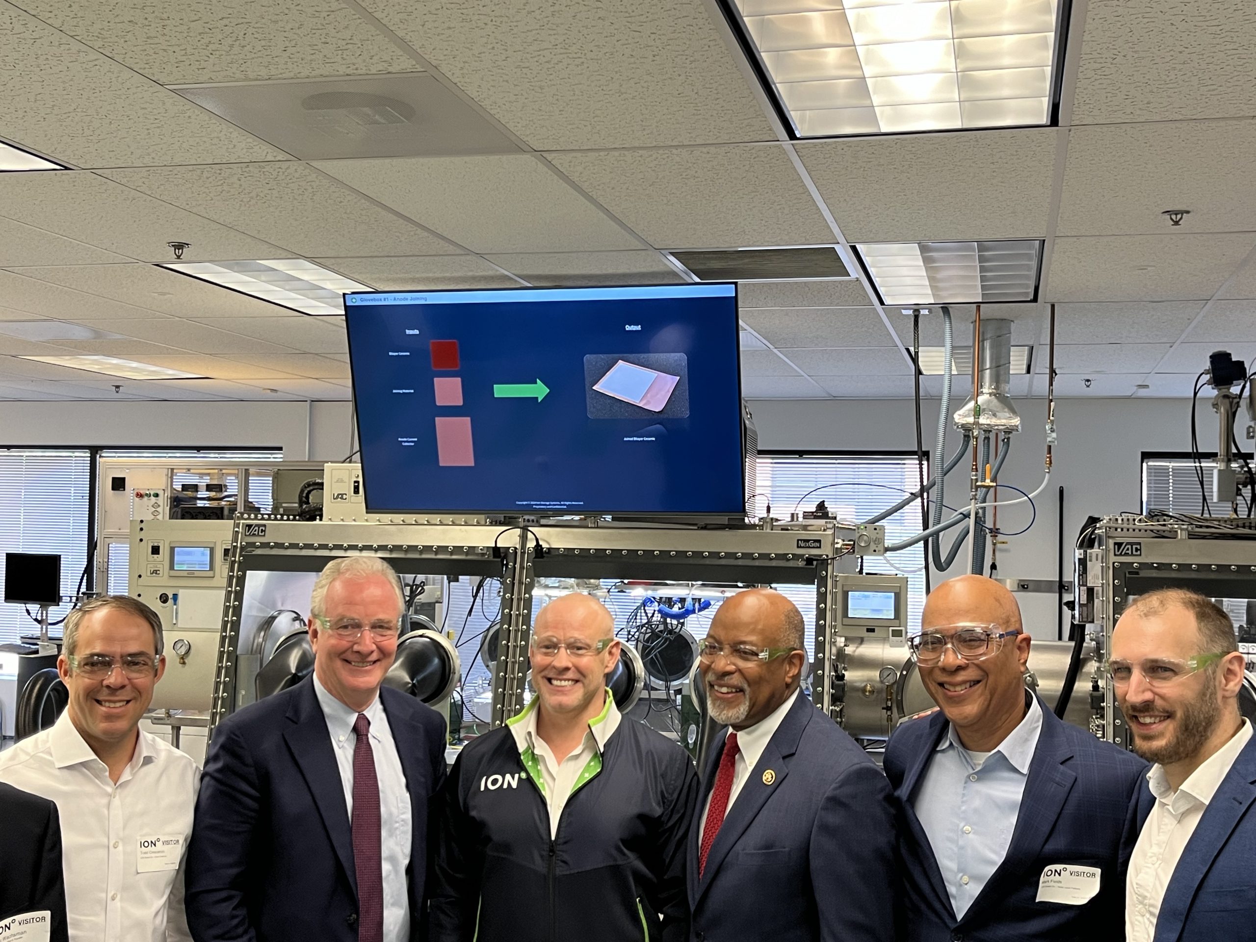 Sen. Chris Van Hollen and Congressman Glenn Ivey with the team at the newly built Ion Software solid state battery production plant in Beltsville, Maryland. (Courtesy of Ivey)