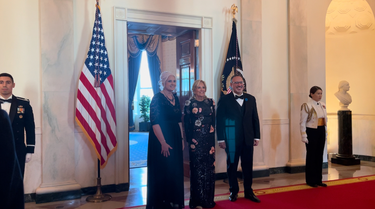 Teacher of the Year Missy Testerman, first lady Dr. Jill Biden and U.S. Secretary of Education Miguel Cardona arrive as distinguished guests at the first-ever “Teacher of the Year” State Dinner. (Ashleigh Fields/The Washington Informer)