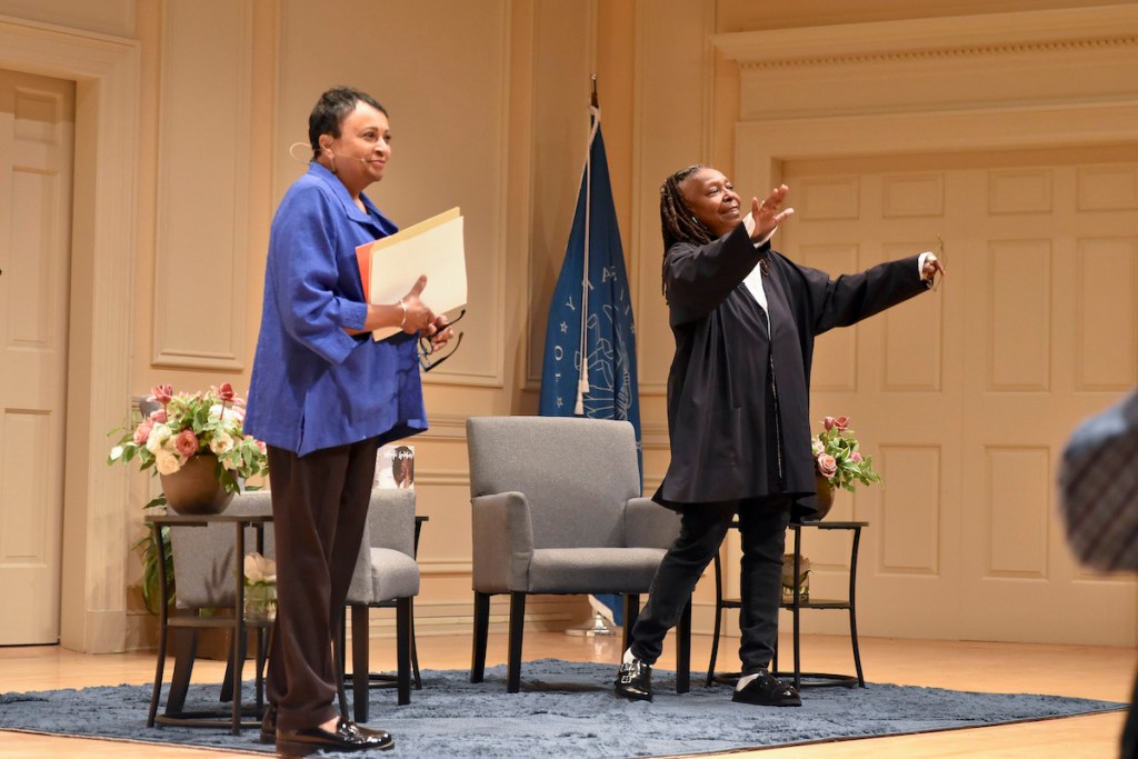 Librarian of Congress Carla Hayden, Ph.D. and author, comedian, actress, talk show host, and producer Whoopi Goldberg prepare to discuss Goldberg’s autobiography “Bits and Pieces: My Mother, My Brother, and Me” at the Library of Congress on May 10. (Jacques Benovil/The Washington Informer)