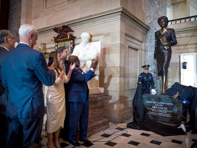 Arkansas Gov. Sarah Huckabee Sanders and President of the Daisy Bates Foundation Charles King and other leaders clap as the Daisy Bates statue is unveiled in the U.S. Capitol’s National Statuary Hall on May 8. (Shedrick Pelt @sdotpdotmedia/The Washington Informer)