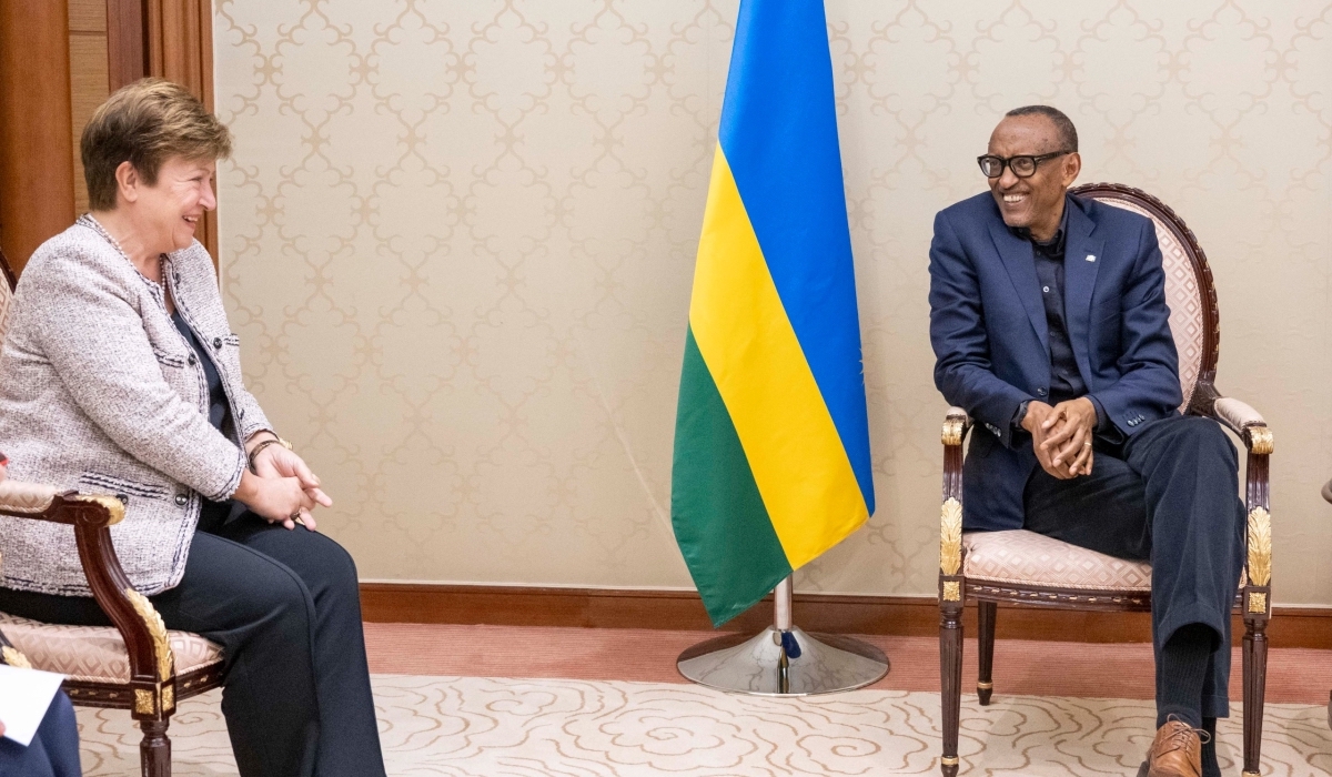 Rwandan President Paul Kagame meets with Kristalina Georgieva, the managing director of the International Monetary Fund (IMF), on April 28 for a discussion on the fruitful collaboration between Rwanda and the IMF. (Courtesy of Village Urugwir)