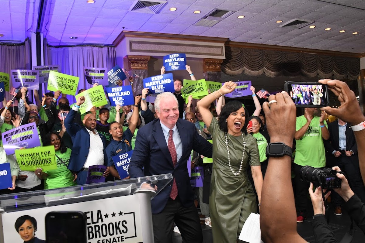 Prince George’s County Executive Angela Alsobrooks celebrates during a party in Greenbelt, Maryland, on May 14, as ballots were tallied for the Democratic primary, in which she was declared victorious in her bid for the party nomination for an open U.S. Senate seat. (Anthony Tilghman/The Washington Informer)