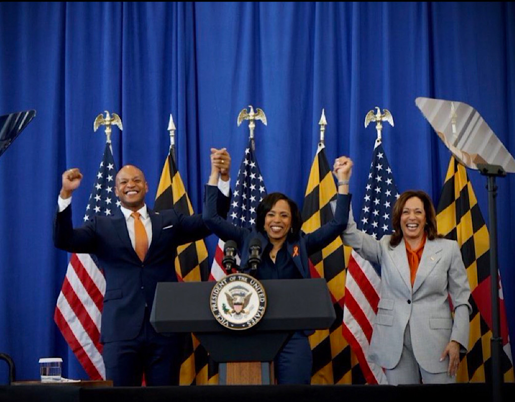 Vice President Kamala Harris (right) held her first event in Maryland this year to emphasize the importance of gun control in the November election. (Courtesy photo via X)