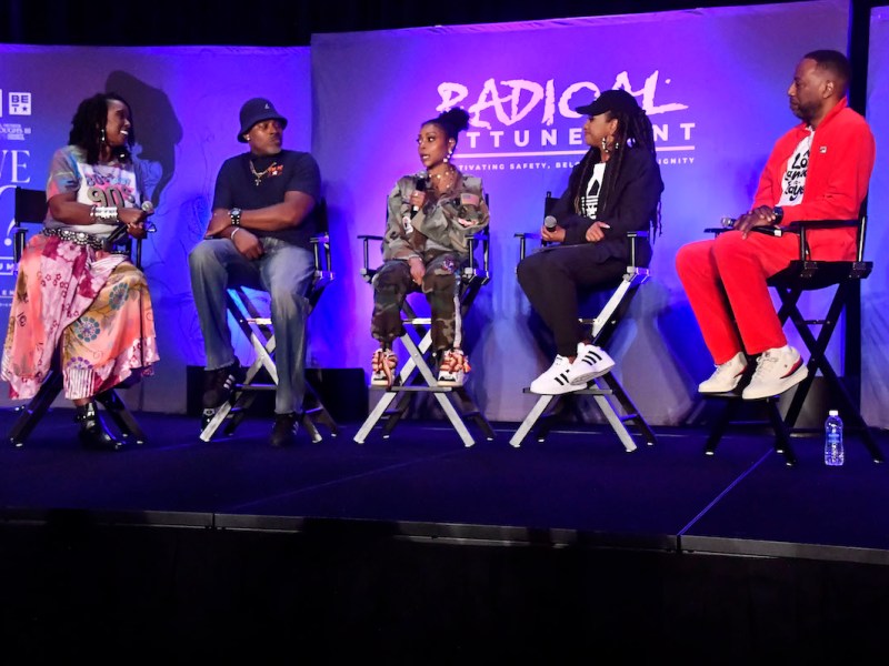 Boris Lawrence Henson Foundation (BLHF) Executive Director Tracie Jade Jenkins, Actor Lamman Rucker, actress and BLHF founder Taraji P. Henson, Dr. Anita Phillips, and the Rev. Tony Lee in a panel during the “Can We Talk? 2024 Symposium” at the Gaylord National Harbor on May 31. (Robert R. Roberts/The Washington Informer)