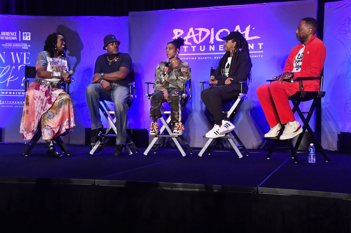 Boris Lawrence Henson Foundation (BLHF) Executive Director Tracie Jade Jenkins, Actor Lamman Rucker, actress and BLHF founder Taraji P. Henson, Dr. Anita Phillips, and the Rev. Tony Lee in a panel during the “Can We Talk? 2024 Symposium” at the Gaylord National Harbor on May 31. (Robert R. Roberts/The Washington Informer)