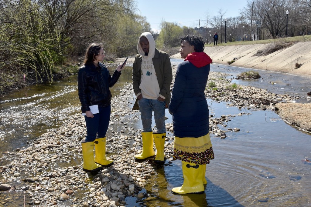 Reporting from Oxon Run Creek with Ronnie Webb and Jaren Hill Lockridge on Feb. 7, 2023. (Robert R. Roberts/The Washington Informer)