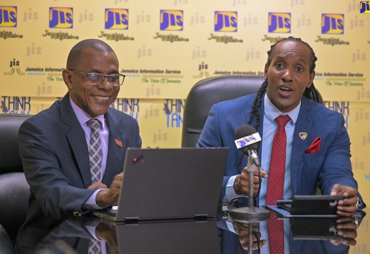 The Hon. Alando Terrelon, minister of State in the Ministry of Foreign Affairs, speaks at the Jamaica Information Services Think Tank on June 6. At left is Courtney Campbell, chair of the Biennial Diaspora Conference. (Courtesy of Jamaica Information Services)