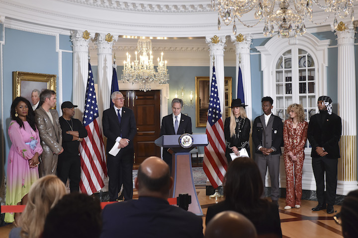 The U.S. Department of State presented the U.S. Global Music Ambassadors, an initiative in partnership with Google and YouTube, in the Treaty Room at the State Department on June 24. Mezzo-soprano opera singer Denyce Graves, composer Justin Tranter, rapper Chuck D, Lyor Cohen, global head of music for Google and YouTube, U.S, Secretary of State Antony Blinken, country singer Lainey Wilson, composer/producer/singer BRELAND, blues singer Grace Bowers and rapper Armani White were present for the event. (Jacques Benovil/The Washington Informer)