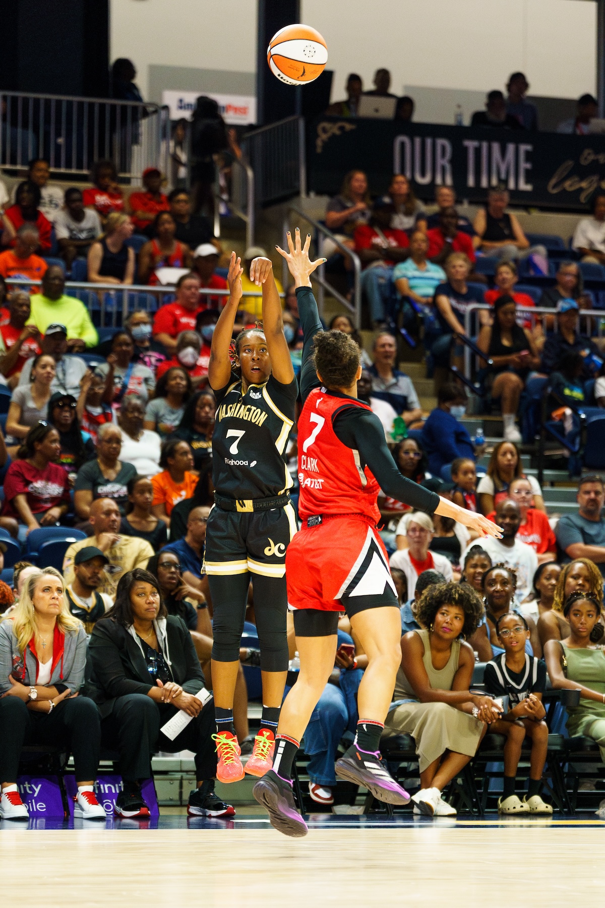 The Washington Mystics’ Ariel Atkins, who scored a career-high 36 points in the game against the Las Vegas Aces on July 14, shoots a jumper, at the Entertainment and Sports Arena. (Marcus Relacion/The Washington Informer)