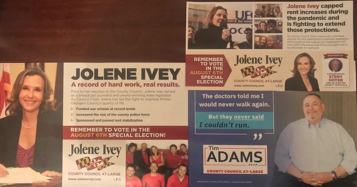 Tim Adams and Jolene Ivey have sent mailers to likely Democratic primary voters. They have both also placed large signs near major roads. (Richard D. Elliott/The Washington Informer)